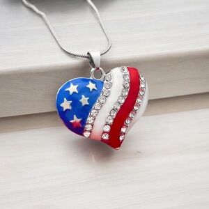 American Flag Heart Pendant Necklace with Crystal Rhinestone - Silver Tone
